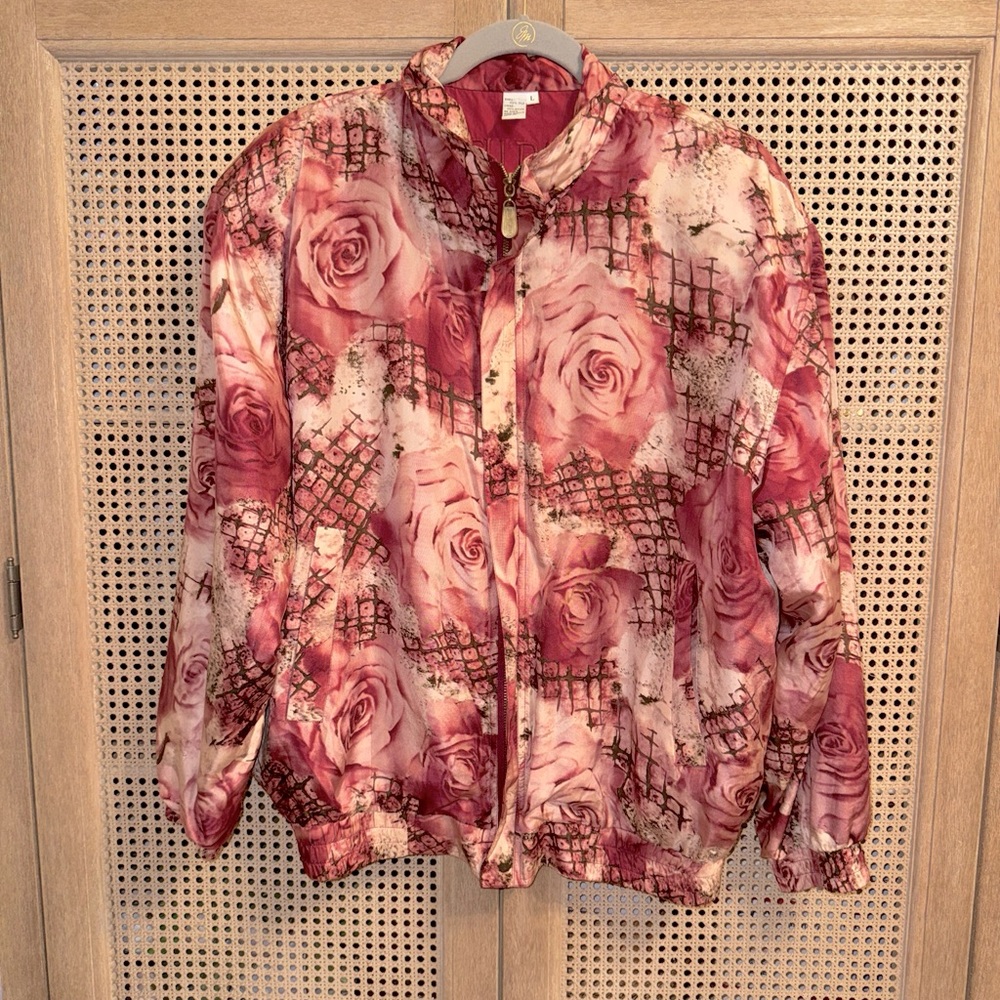 Vintage FUDA International Adult Silk Bomber Jacket  Sz L Pink Floral 80’s
